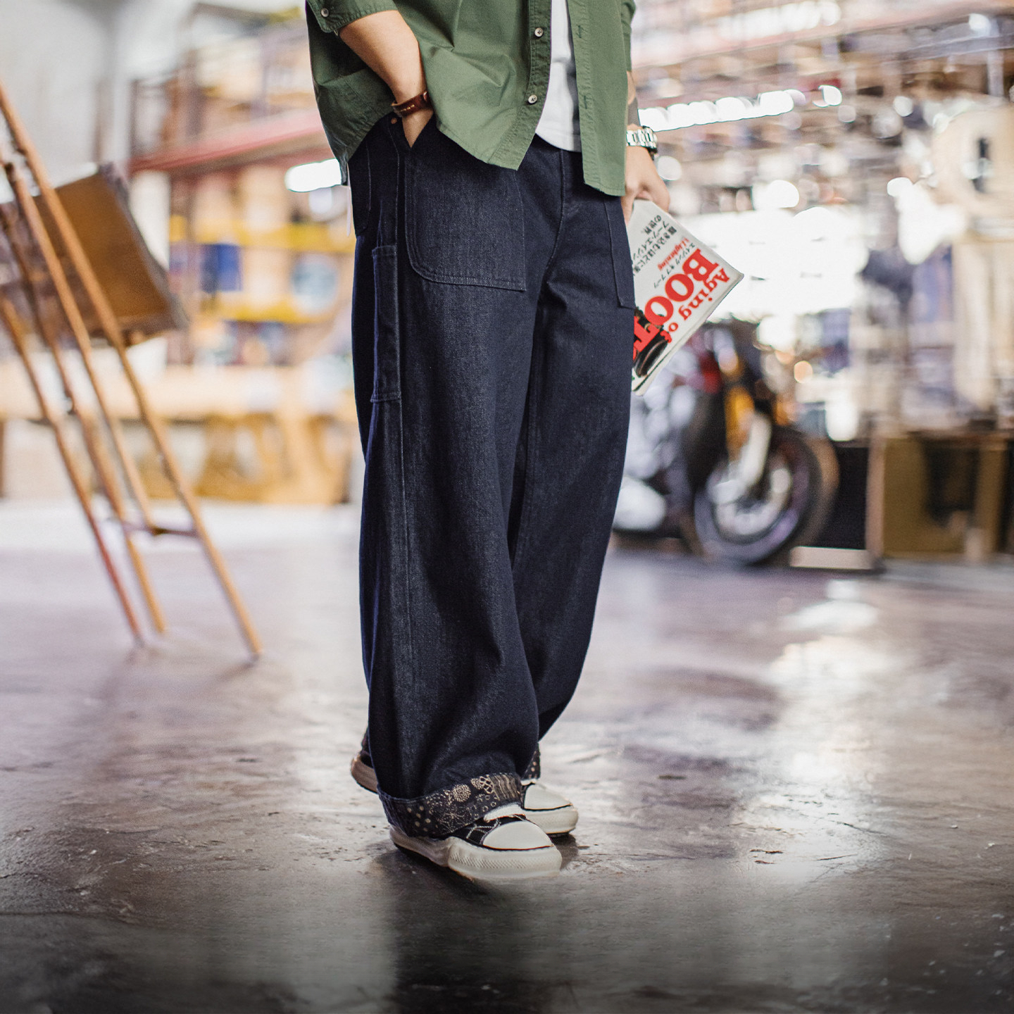 American Style Washed Denim Jeans Straight Tube BORO Wide Leg Deep Blue Loose Casual Pants