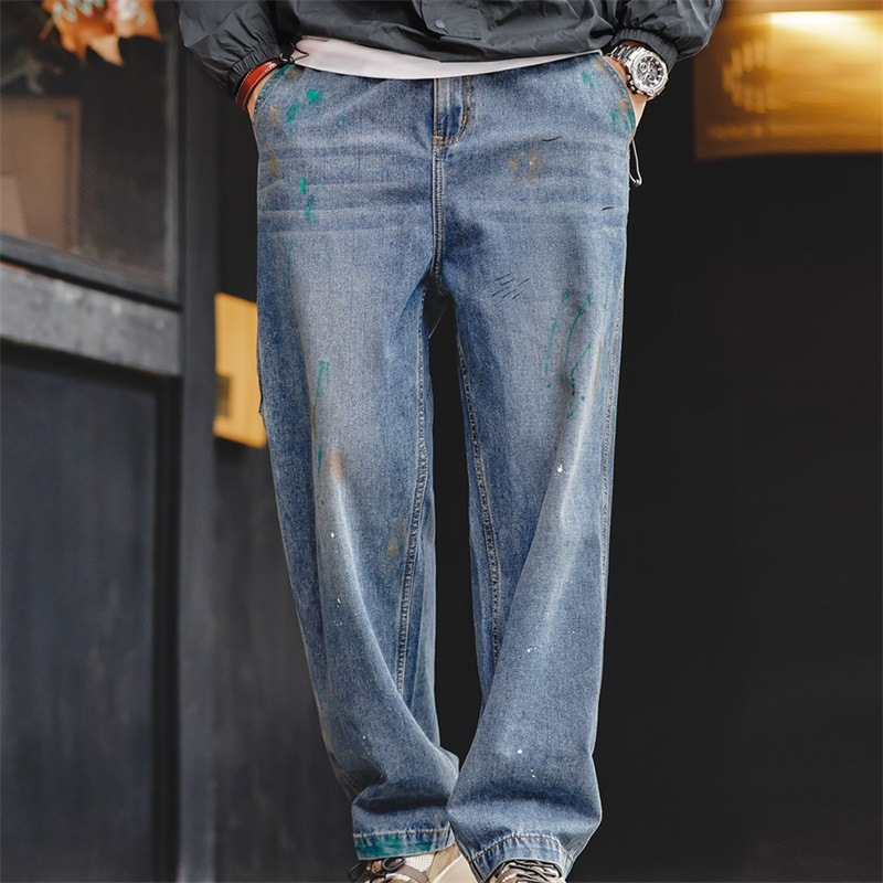 Maden Vintage Speckled Graffiti Jeans Bamboo Knot Wash Straight Leg Pants Woodcut Pants