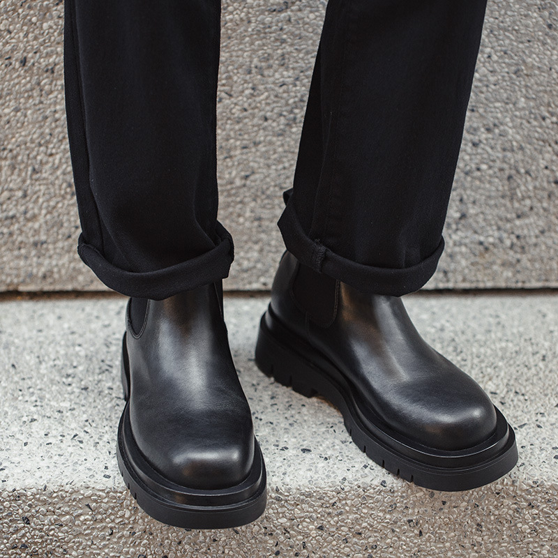 Maden Chercy boots with thick sole for increased height, casual black leather short boots, Martin boots