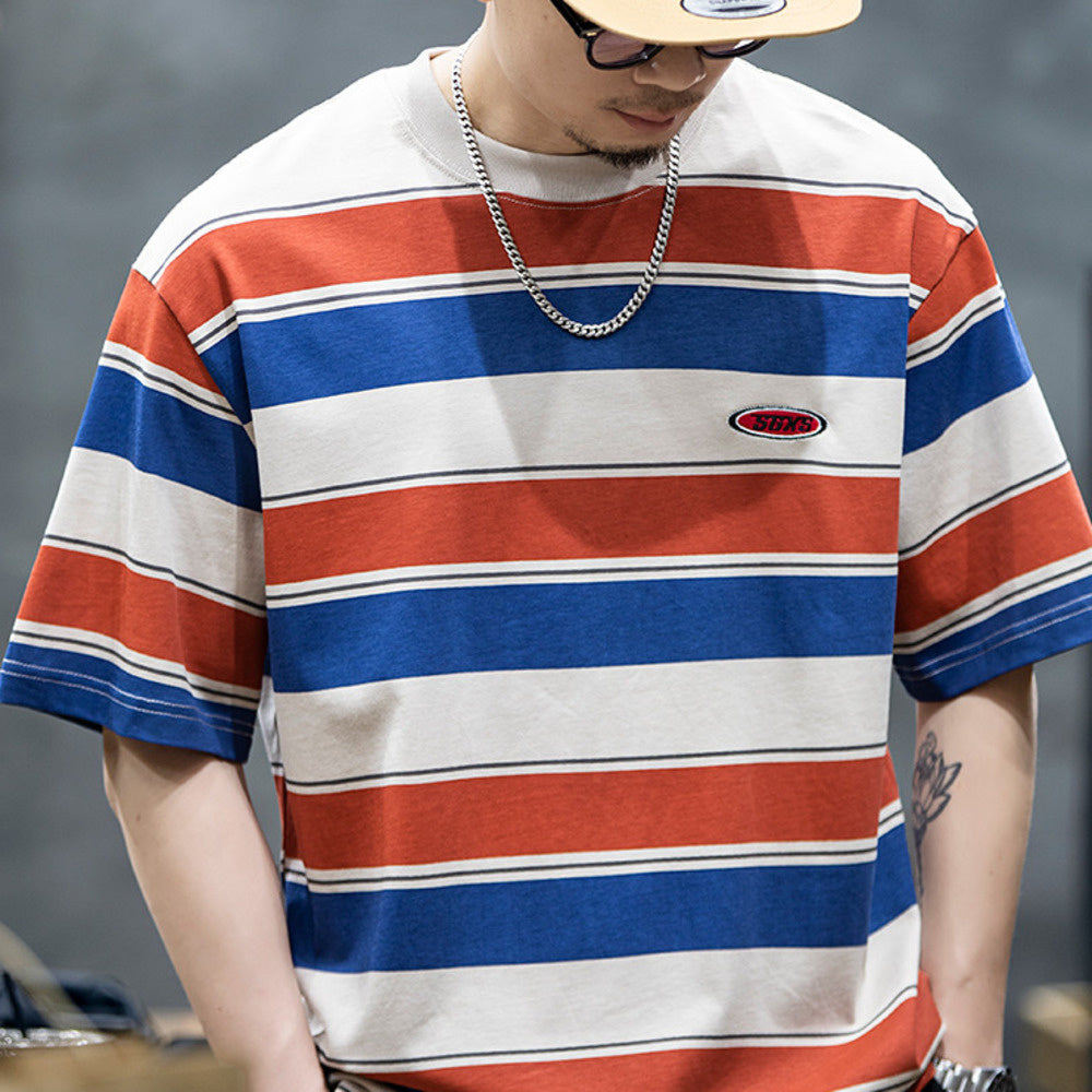 230g American retro striped men's summer trendy embroidered loose T-shirt