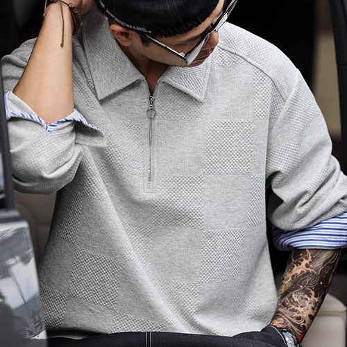American Casual Half Zipper Men'S Jacquard Knitted Layered Long Sleeved Polo Shirt