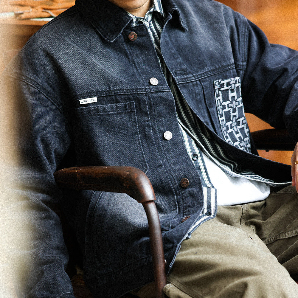 Storm Knight denim jacket men's cashew flower patchwork pocket design hunting motorcycle jacket