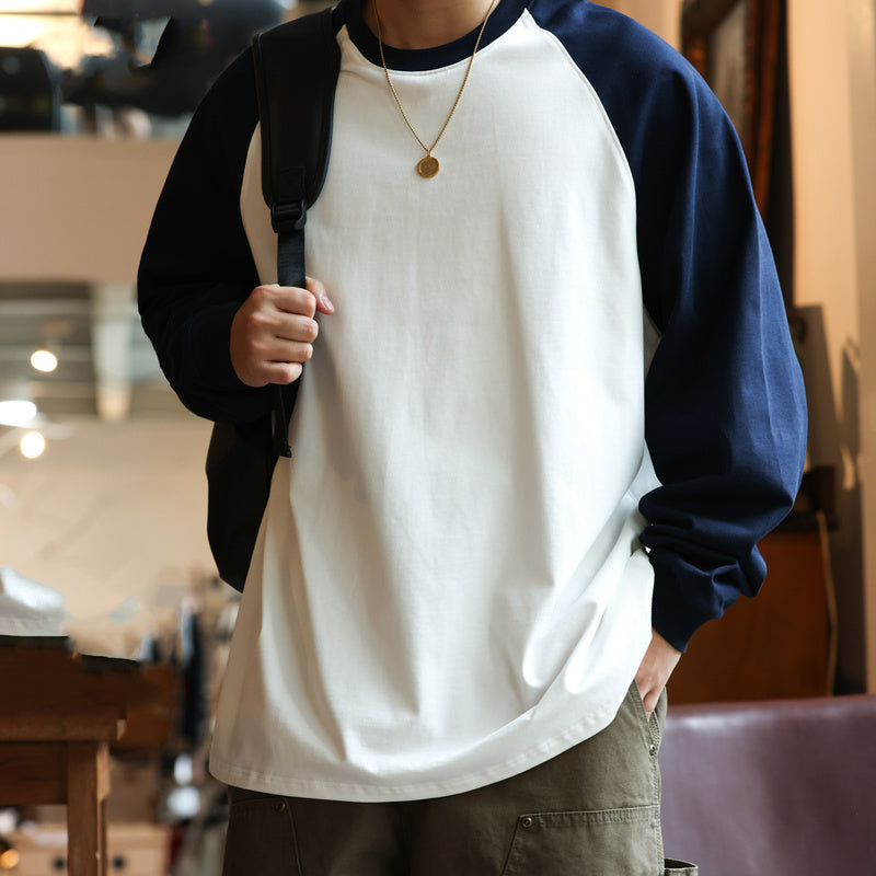 300g pure cotton contrasting shoulder length long sleeved T-shirt, loose base version base shirt