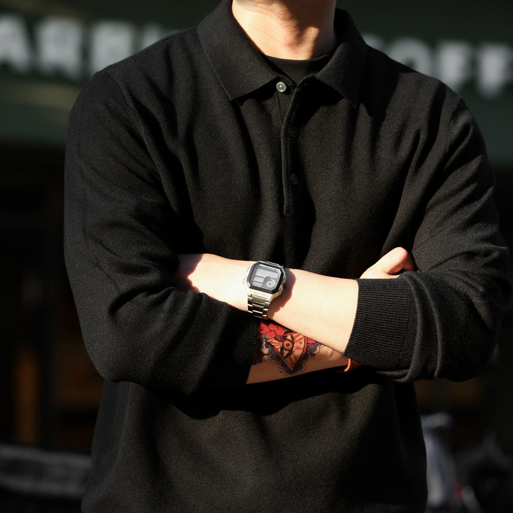 Casual long sleeved polo collar cotton wool sweater solid color lapel self heating warm knit top