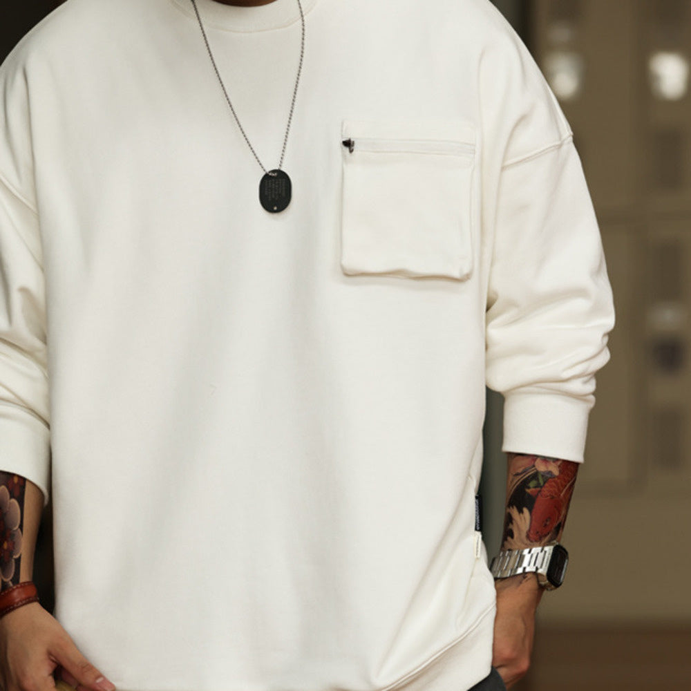 Casual workwear 3D pocket hoodie 360g looped bottom sports round neck long sleeved top