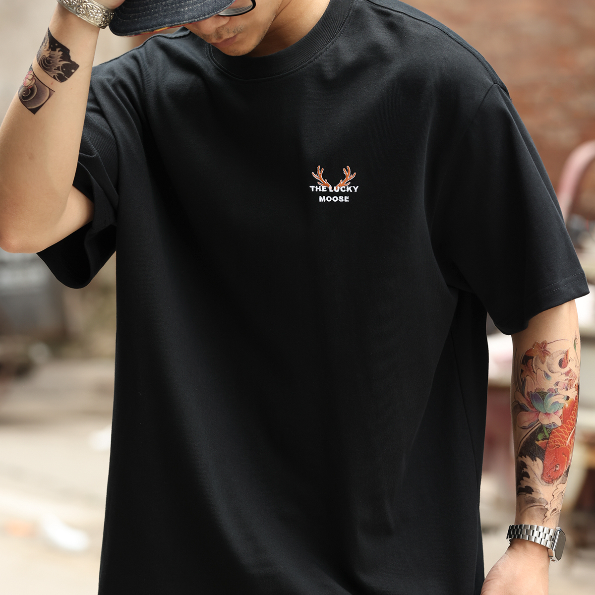 American retro lucky deer head embroidered men's 300g pure cotton T-shirt