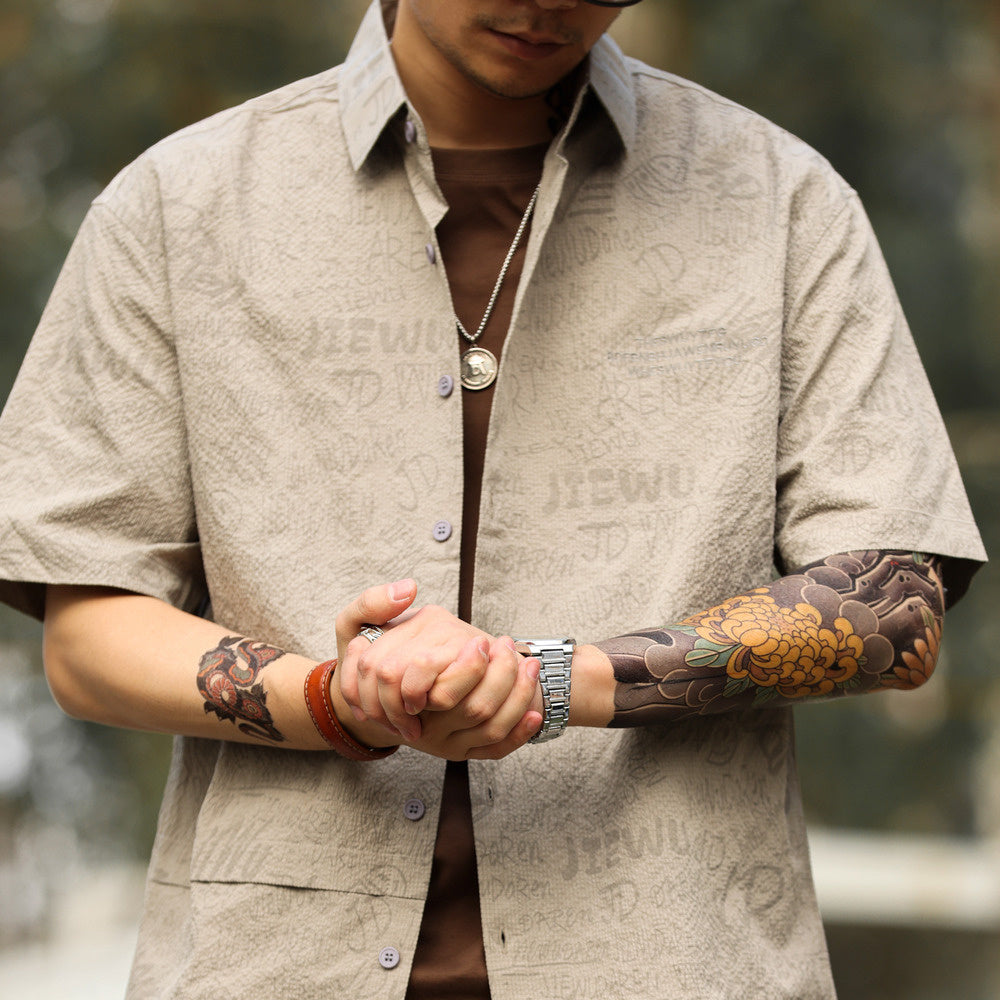 American retro short sleeved shirt men's full printed jacquard layered casual shirt