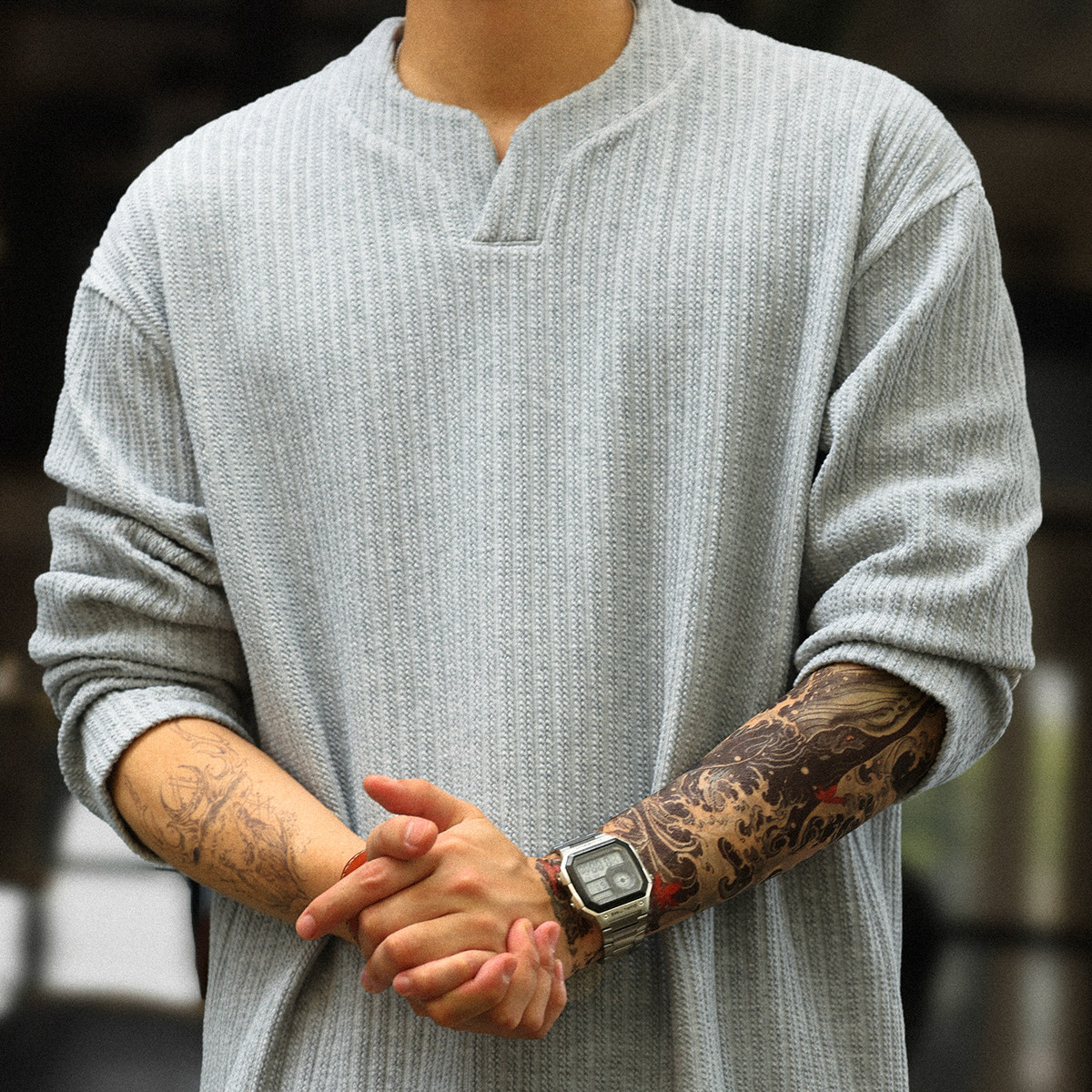 American Jacquard Small V-neck Men's 330g Stacked Long Sleeve T-shirt