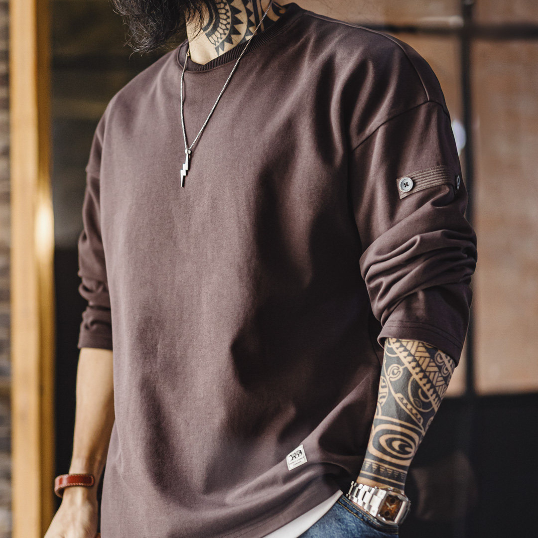 American retro cotton V-neck pullover white loose long sleeved T-shirt