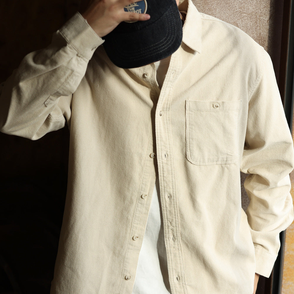 Collar corduroy long sleeved shirt for men, slightly wide casual drape