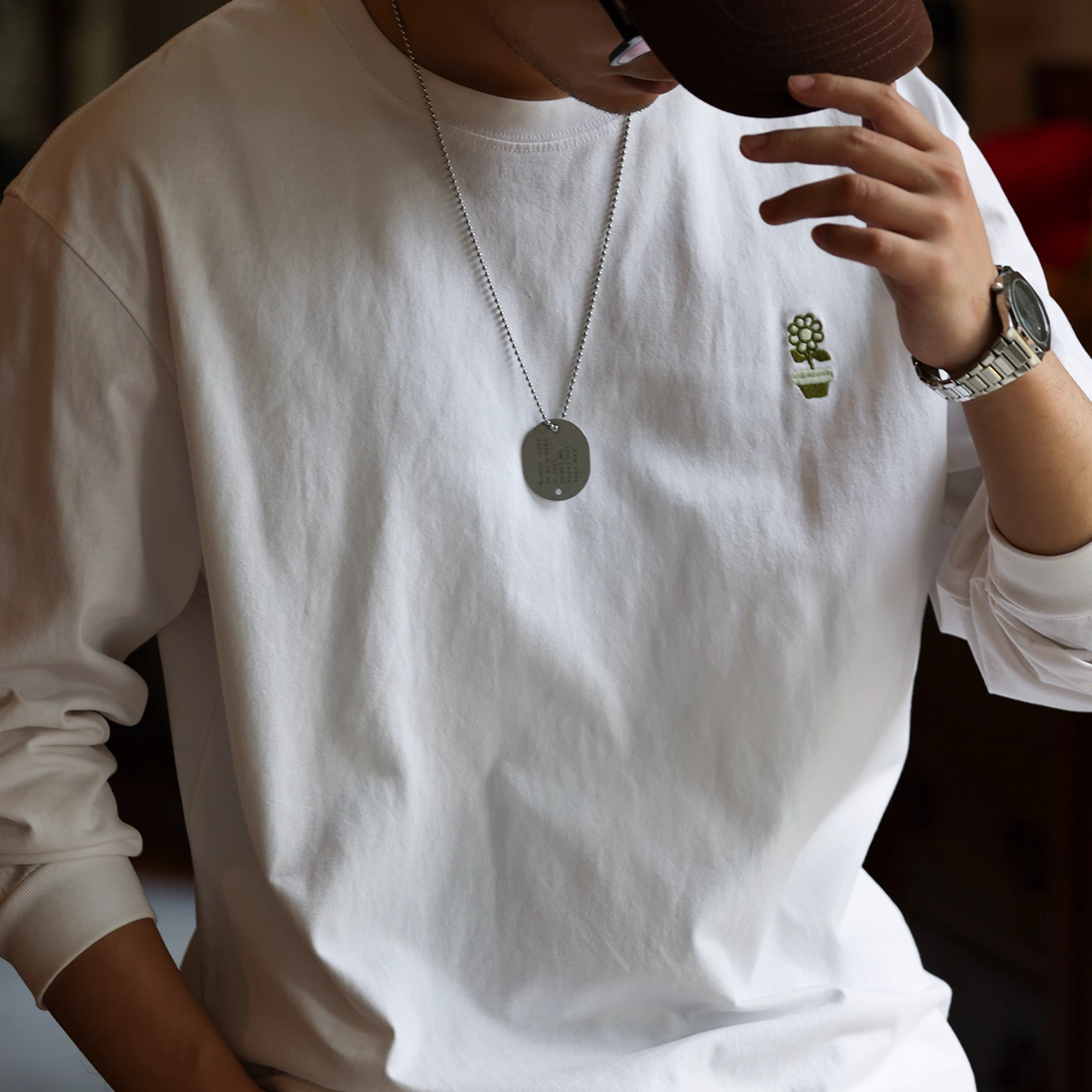 Minimally Embroidered Small Flower Men'S Loose Casual 260g Round Neck White T-Shirt