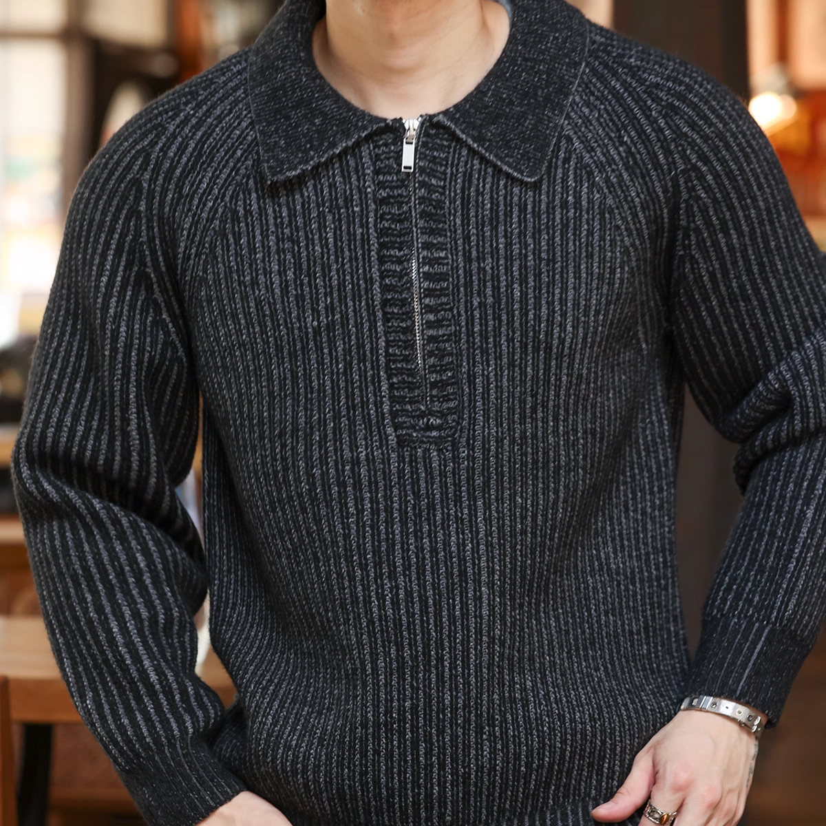 American Retro 860g Heavy-Duty Half Zip Men'S Raglan Sleeve Knitted Polo Shirt