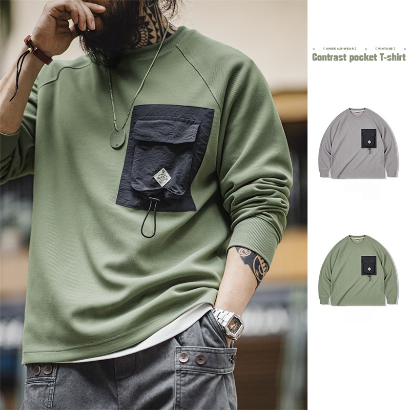 Maden Mountain style contrasting pocket long sleeved T-shirt with loose round neck knit base