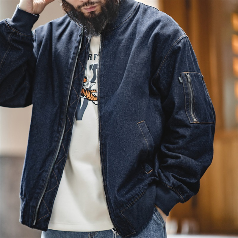 Maden Retro Denim MA1 Pilot Jacket Baseball Collar Amikaki Denim Coat