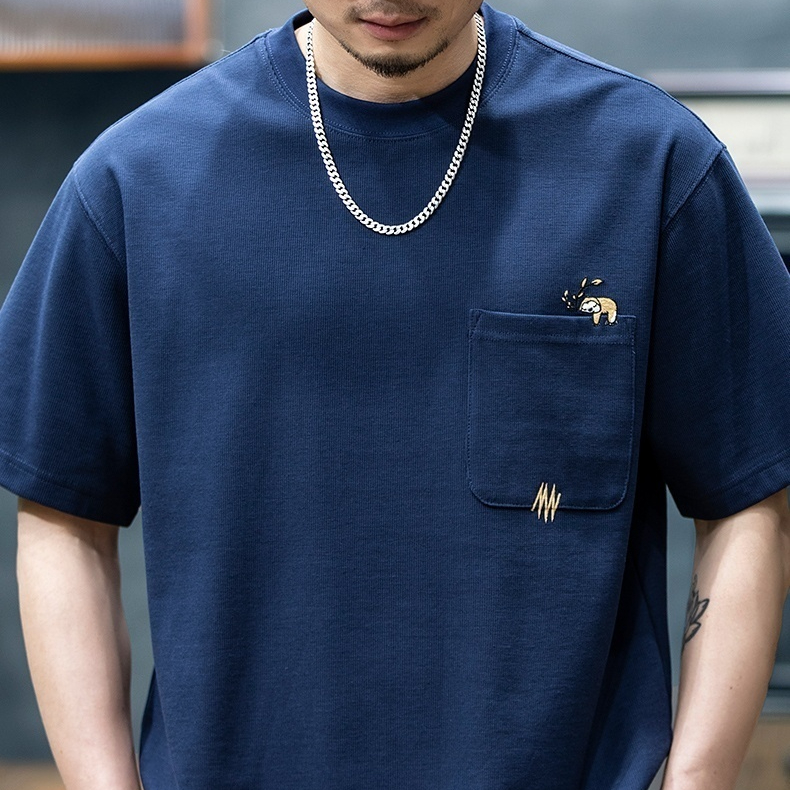 260g men's summer new trendy embroidered pocket loose casual T-shirt