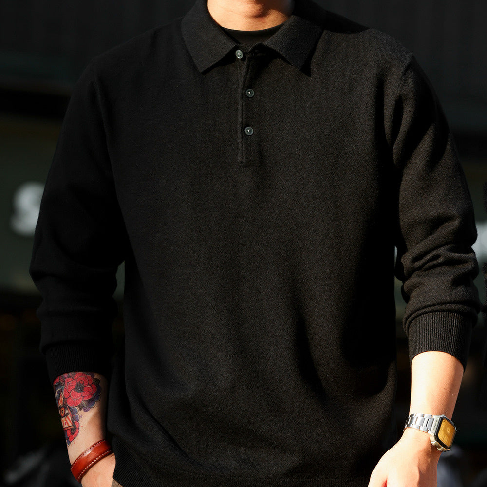 Casual long sleeved polo collar cotton wool sweater solid color lapel self heating warm knit top