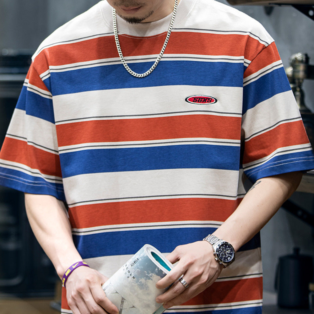 230g American retro striped men's summer trendy embroidered loose T-shirt