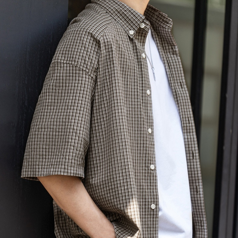 Summer men's plaid pure cotton casual loose short sleeved shirt