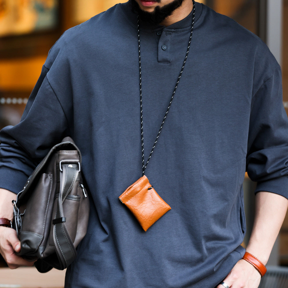 Henry collar long sleeved T-shirt loose casual 280g pure cotton side pocket dark gray base shirt