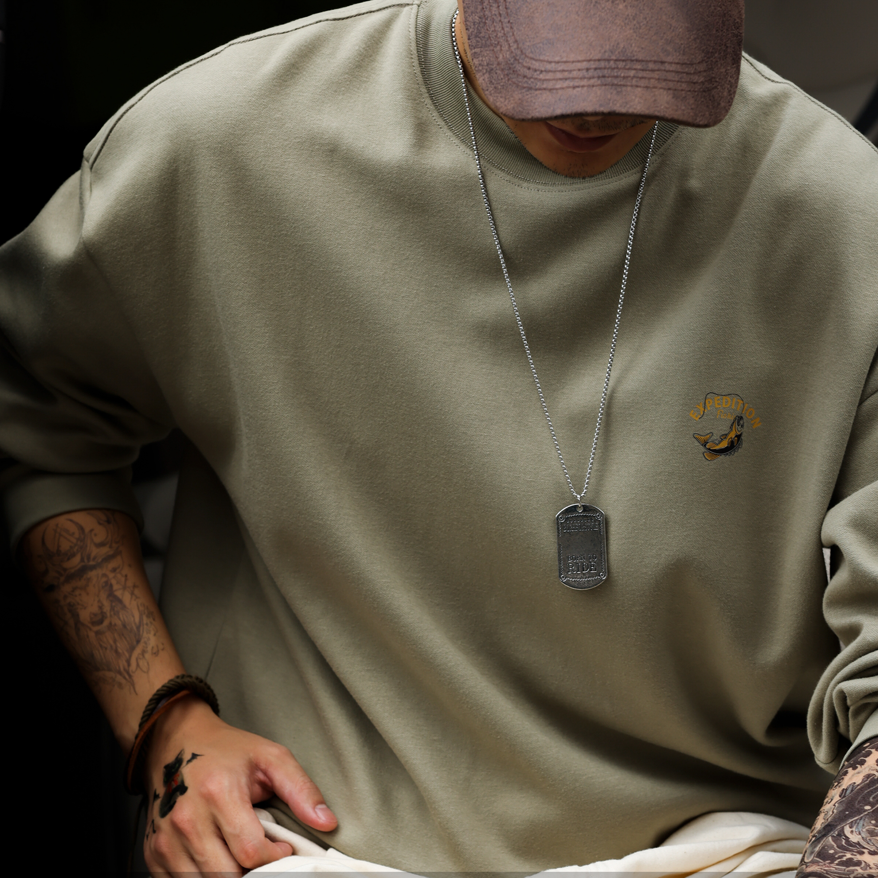 American Retro 300g Cotton Men's Small Collar Fishing Print Gray Green Long Sleeved T-Shirt