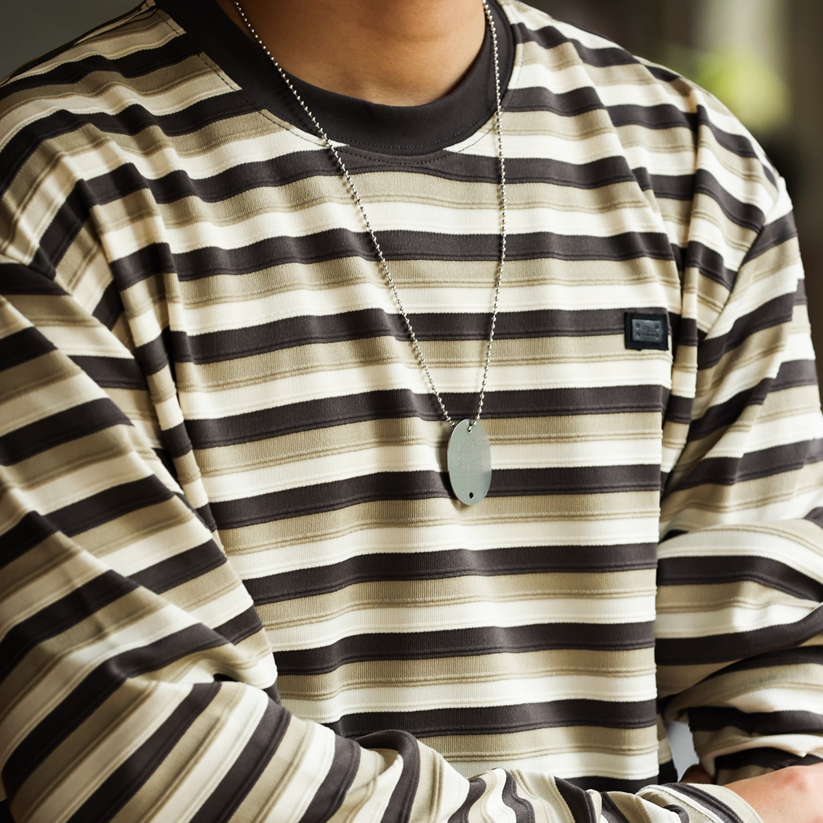 American Retro Three-Dimensional Men's 280g Contrasting Striped Knitted Long Sleeved T-Shirt