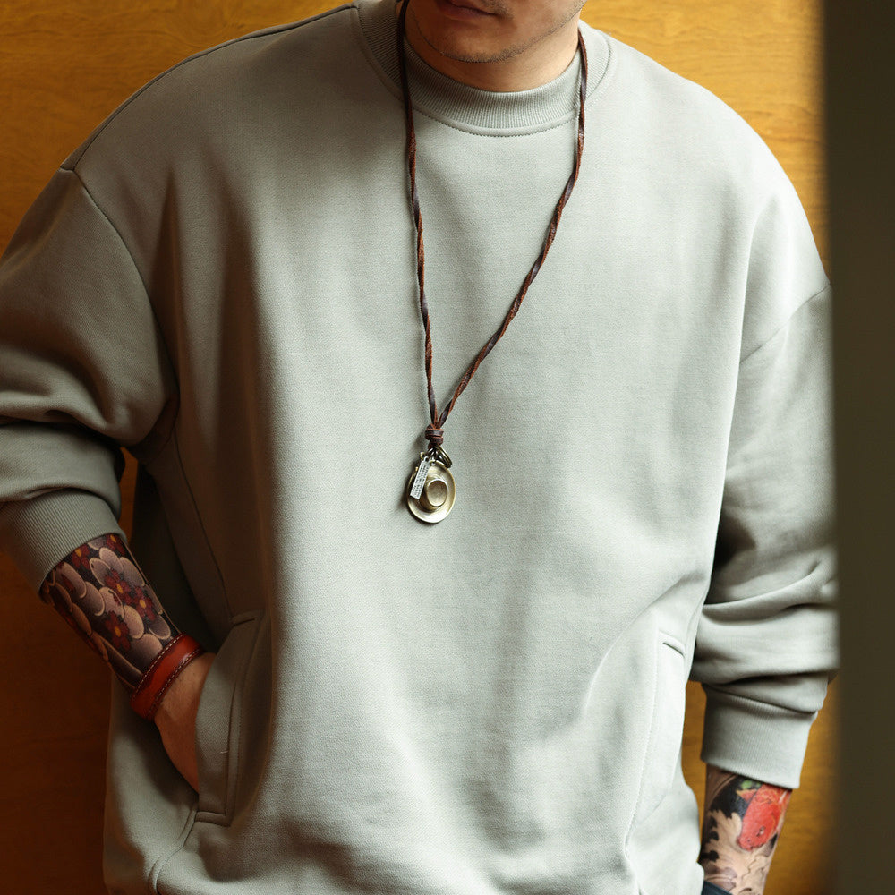 480g heavy knit terry sweater side seam pockets cityboy pullover round neck top tide