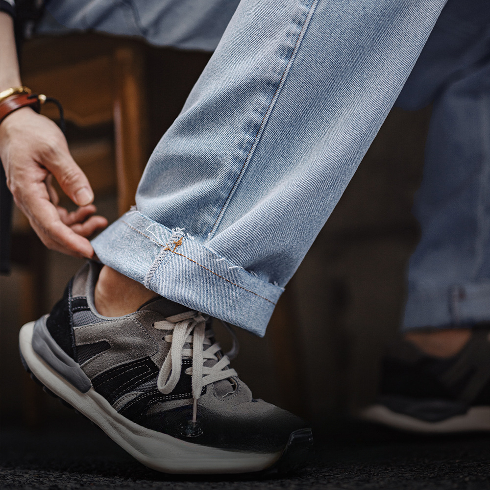 American Retro Washed Blue Pure Cotton Fringed Straight Leg Casual Dad Denim Jeans