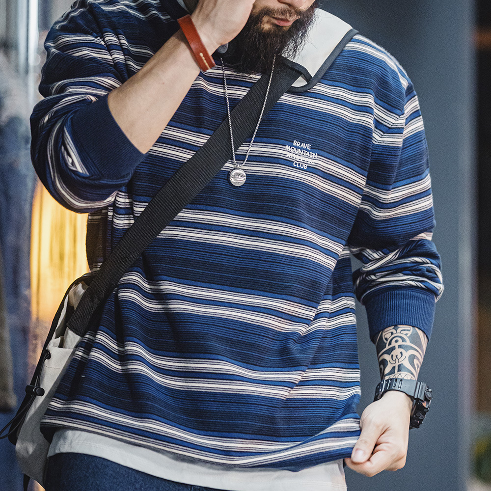 MADEN Contrast Color Striped Cityboy Blended round Neck Drop Shoulder Sweater