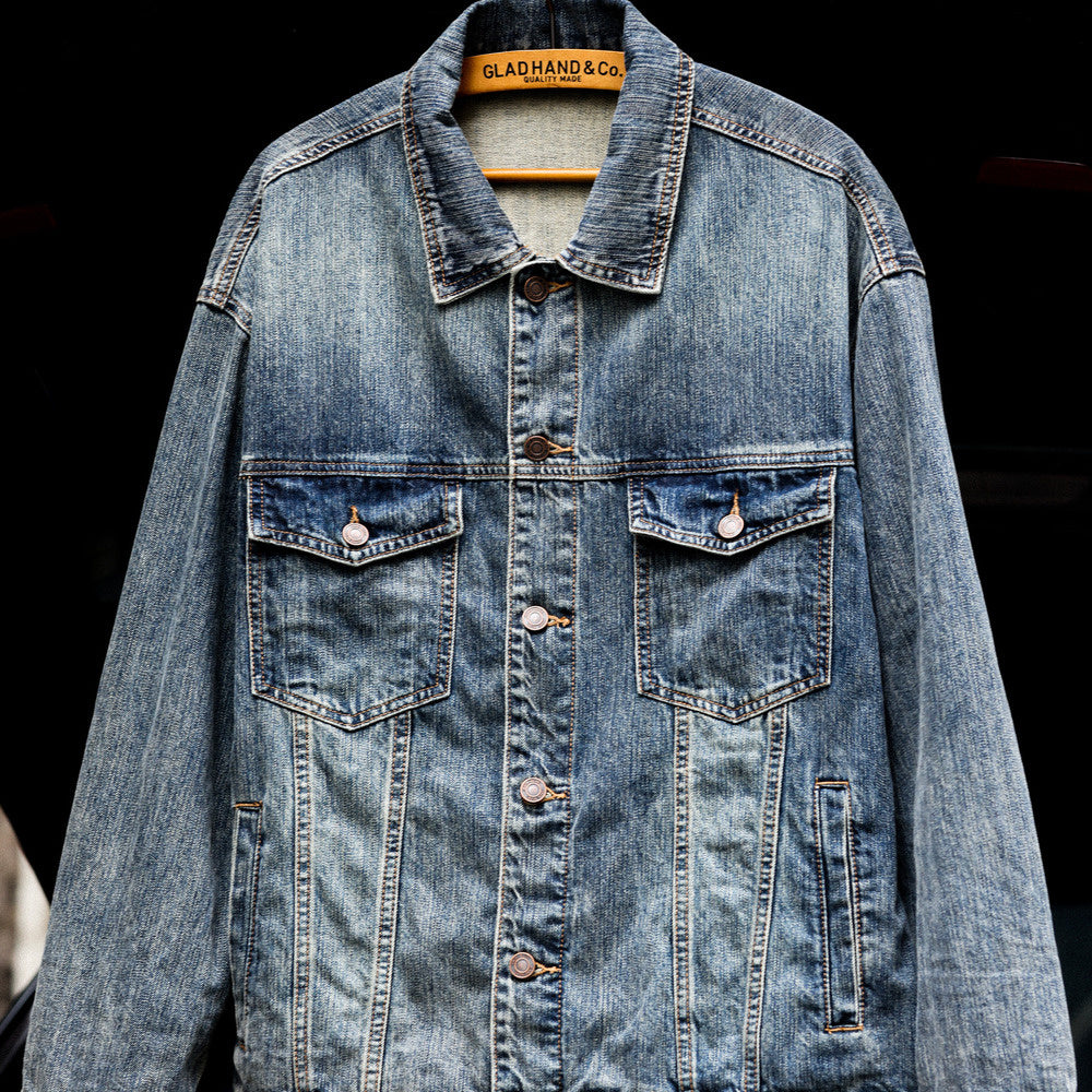 Bamboo patterned Western denim jacket, men's classic outerwear, motorcycle workwear jacket