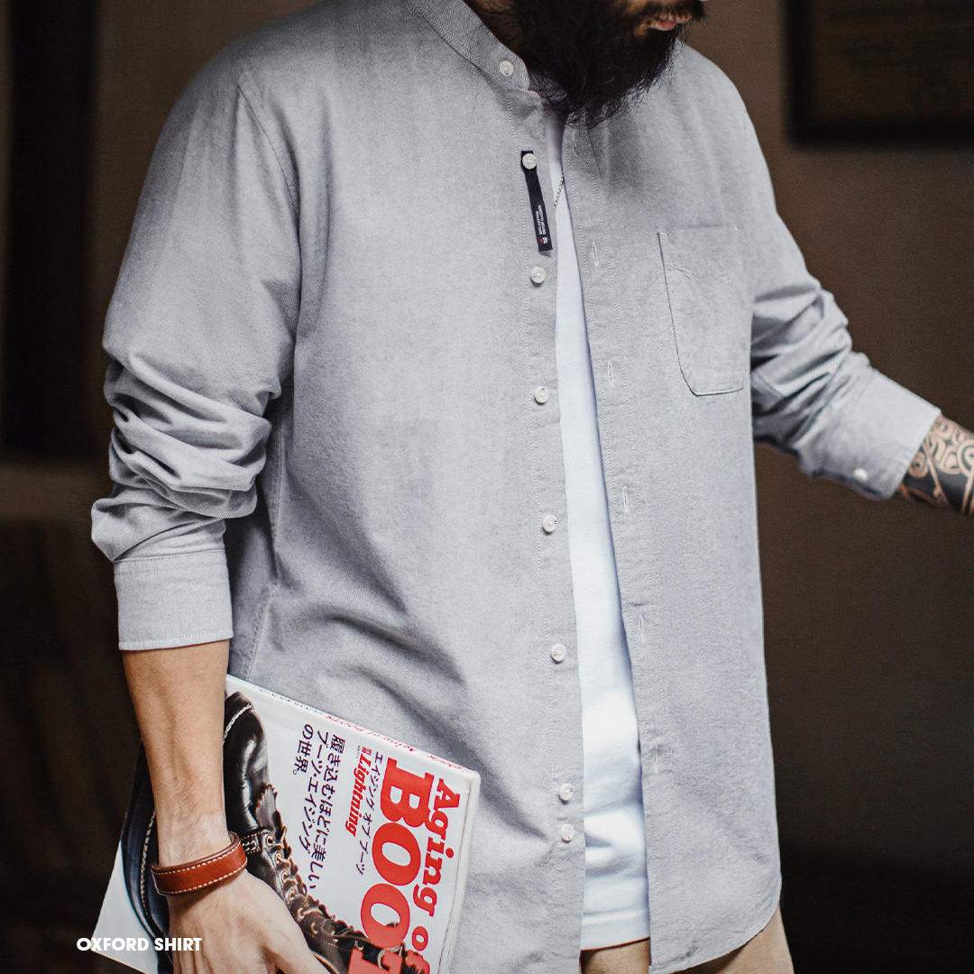 American Oxford Cloth Small High Neck Pure Cotton Long Sleeved Shirt