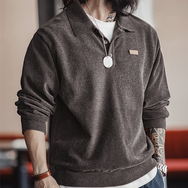 Maden Retro Chenille Half Open Polo Shirt Loose Collar Pullover Long Sleeve T-Shirt