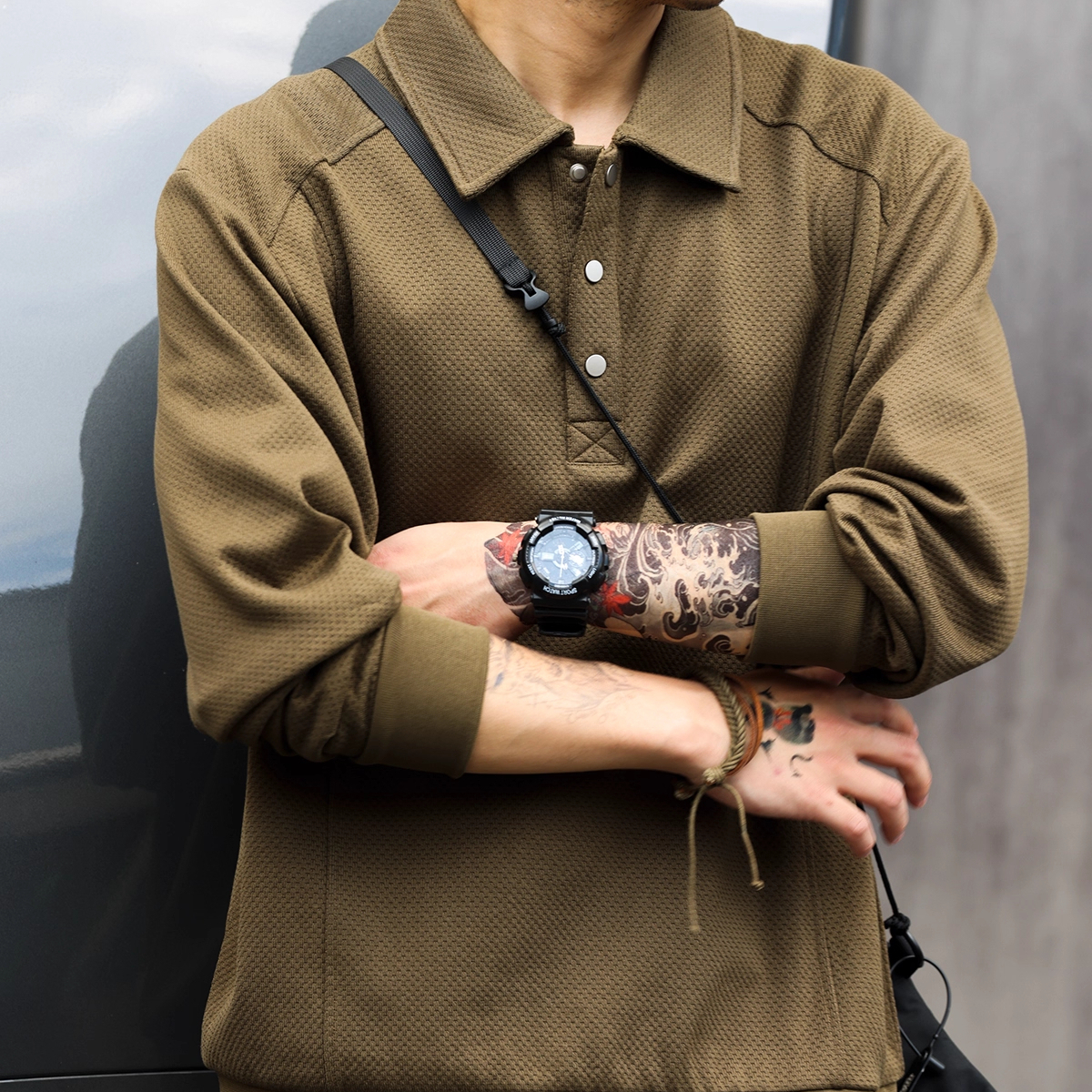 American Style Minimalist Patchwork Men's 380g Long Sleeved Polo Shirt