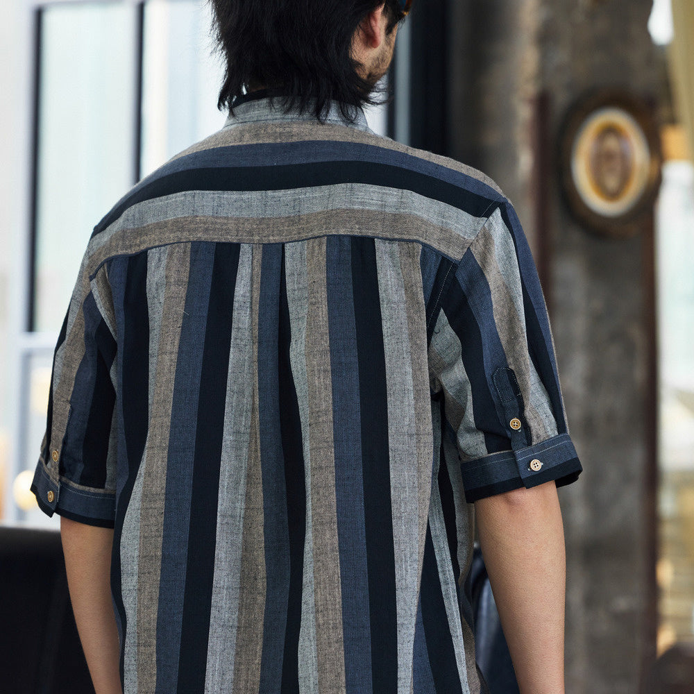 Japanese retro 150g men's contrasting striped short sleeved T-shirt