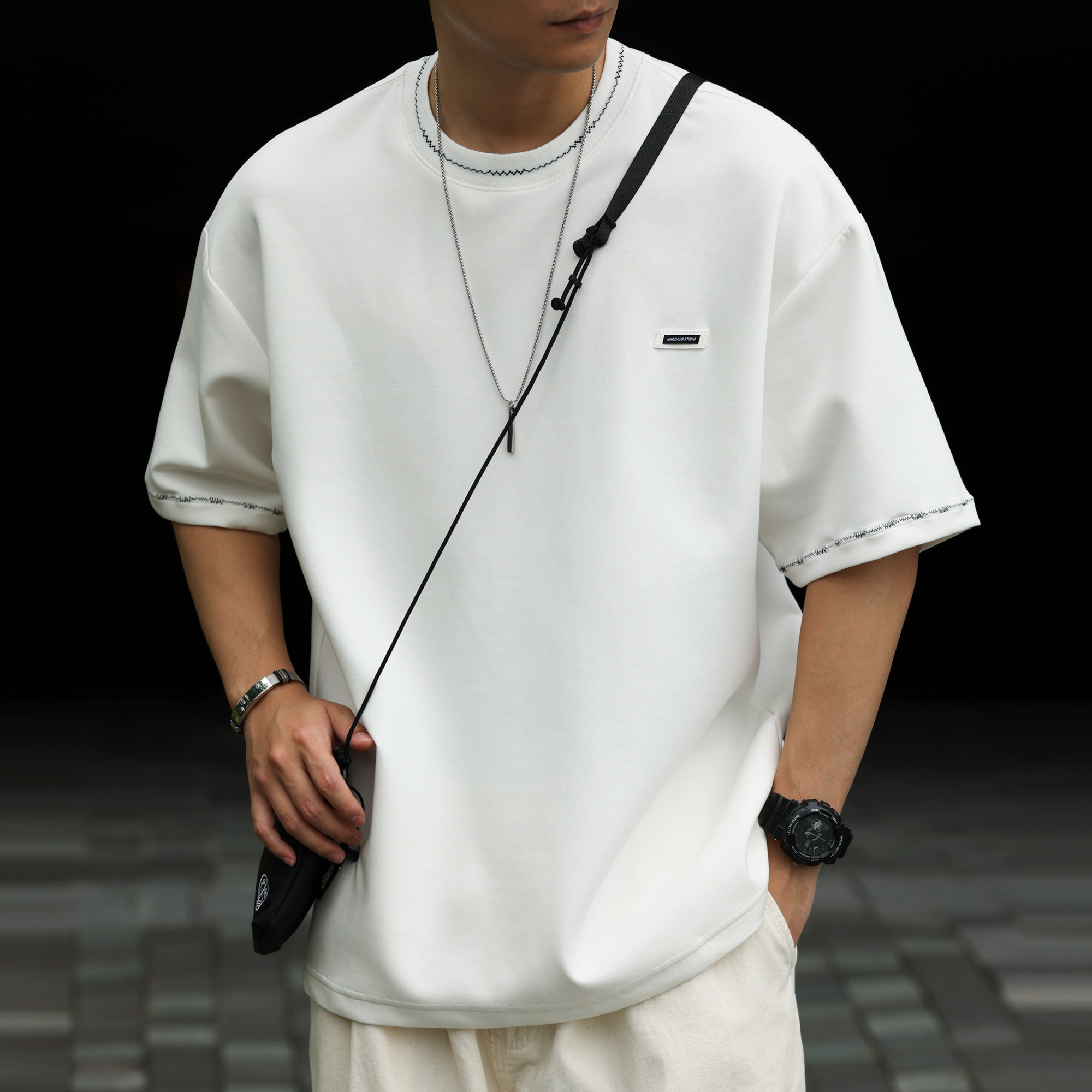 American casual air layer embroidered thread men's pure cotton short sleeved T-shirt