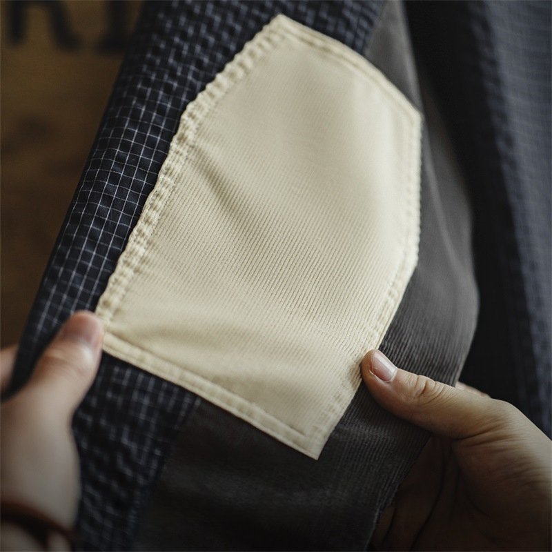 Maden retro bubble gauze plaid texture, lapel splicing long sleeved shirt jacket