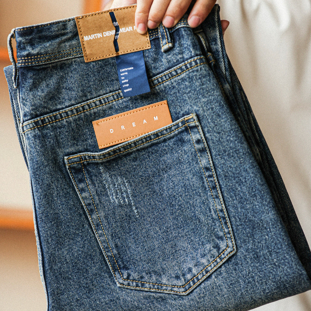 12.8-ounce washed blue jeans with cat whiskers worn loose straight leg casual pants