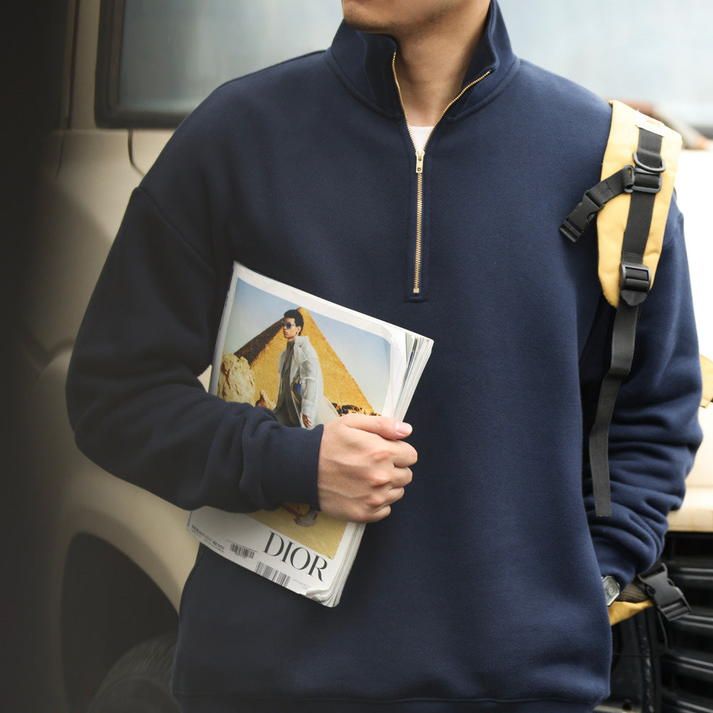 Casual stand-up collar half-zip padded sweatshirt 485g vintage navy blue premium feel jacket