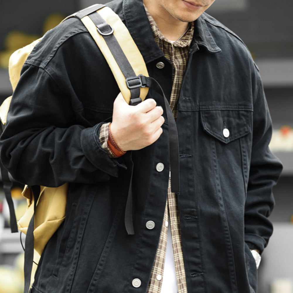 Japanese Heavyweight Denim Jacket Atsu Washed Casual Vintage Black Outer Cardigan Jacket