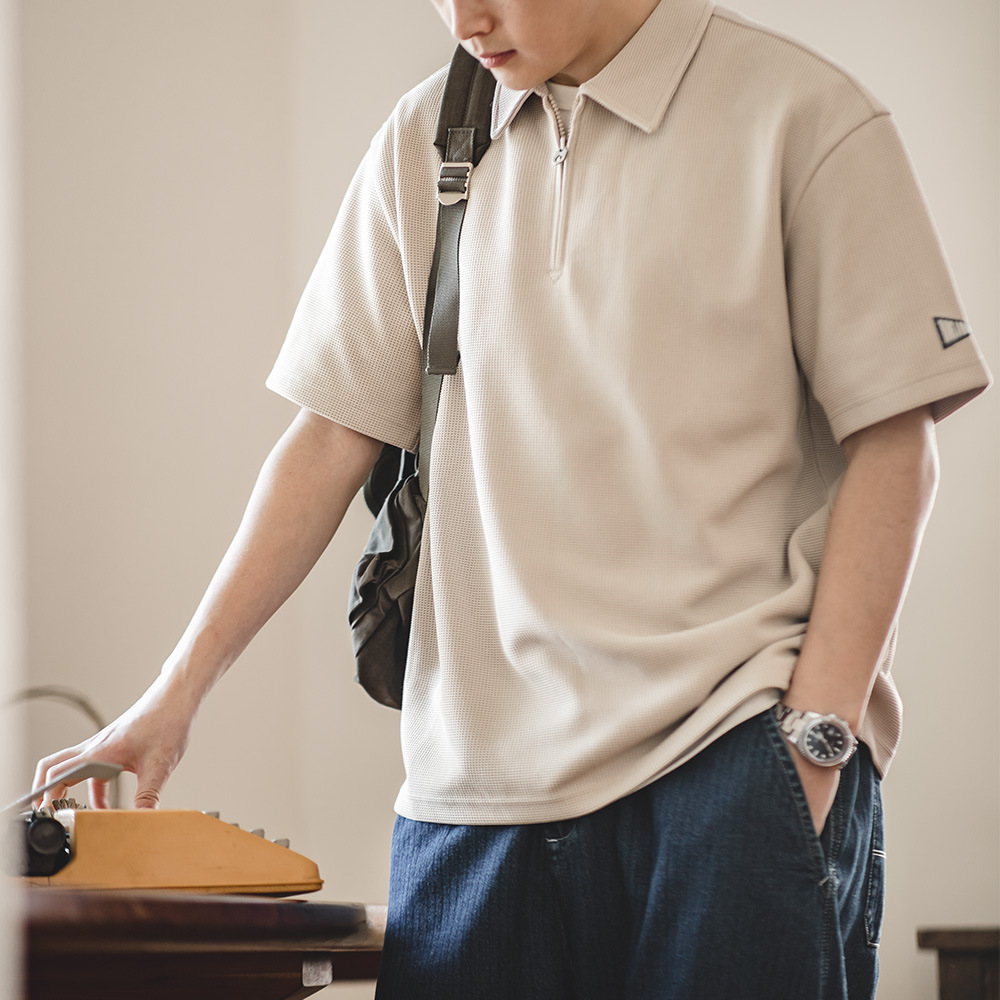 Maden Japanese-Style Retro Waffle Short-Sleeved T-shirt Profile Solid Color Polo Collar Base Shirt