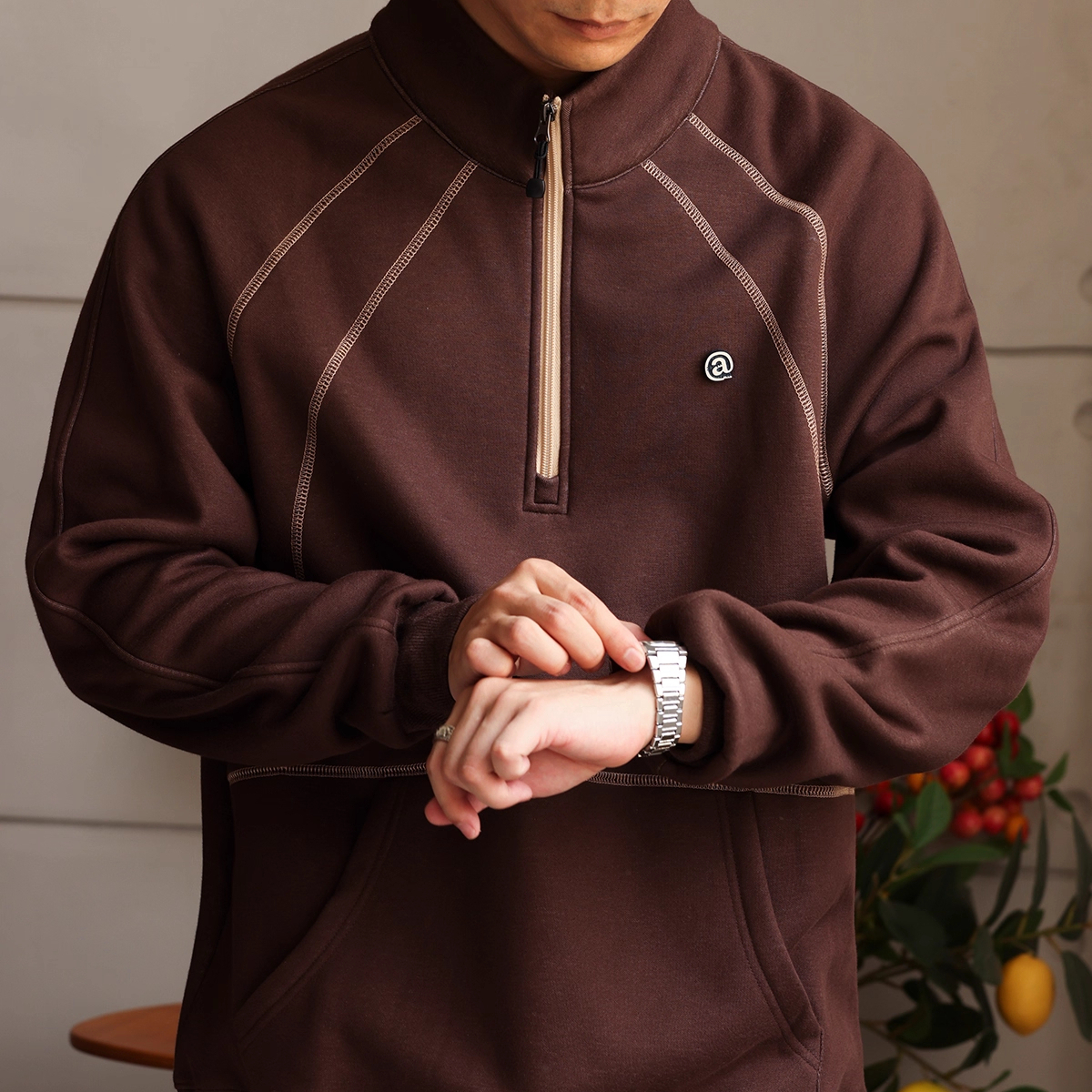 American Retro Design Style Stand Up Collar Men'S Contrasting Half Zip Top