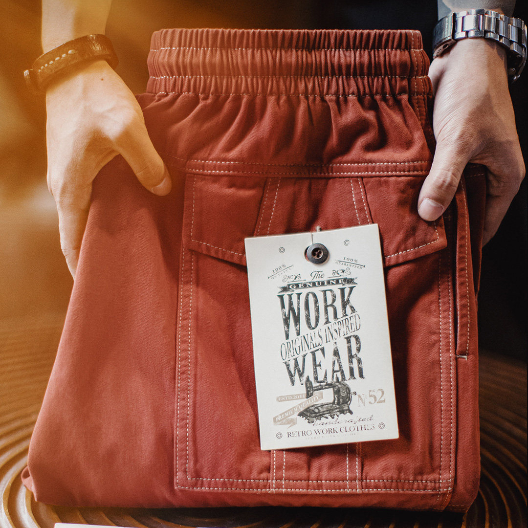 American Retro Multi Pocket Brick Red Straight Leg Wide Leg Ankle Binding Work Pants