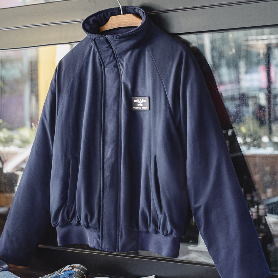 American Navy Blue Stand up Collar Warm Short Sleeve Cotton Jacket with Insert Shoulders