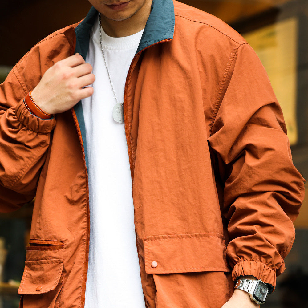 Casual double-sided shuttle woven assault jacket, loose multi pocket stand up collar jacket