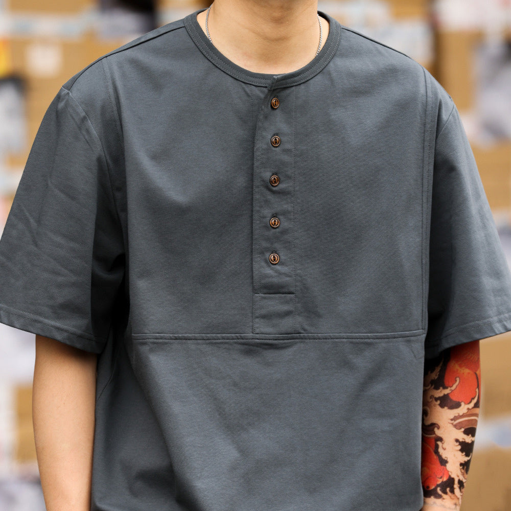 American retro Henry collar men's 240g multi button casual polo shirt