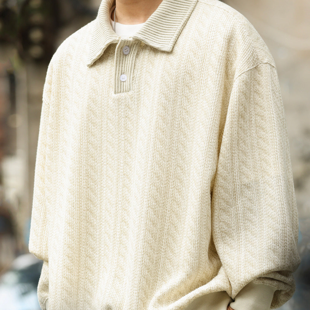 Knitted texture, relaxed feeling, flip collar hoodie, casual college style, loose long sleeved POLO top