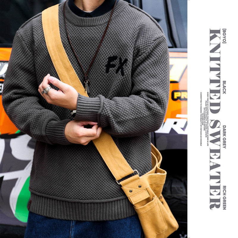 BGYO American coarse needle and thread sweater men's round neck loose lazy style high-end knitted sweater winter