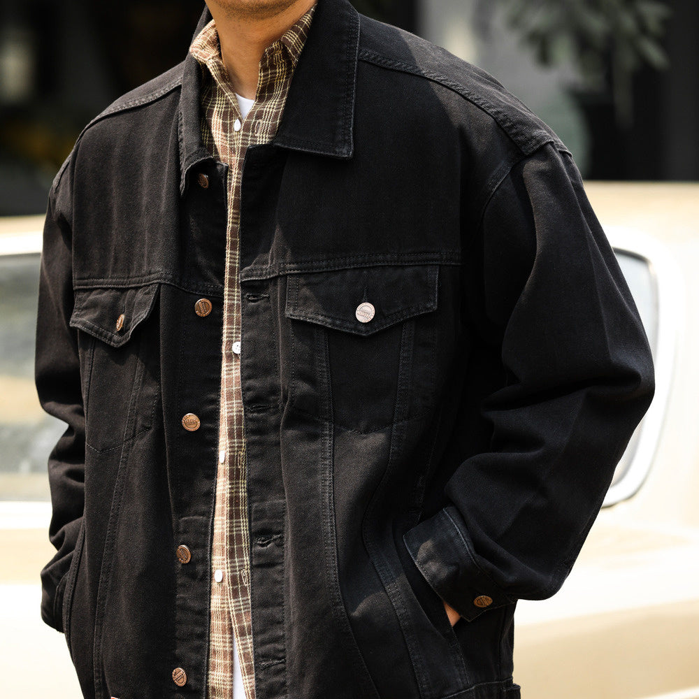 Vintage Lapel Heavyweight Denim Jacket Washed Black Workwear Casual Hunting Jacket