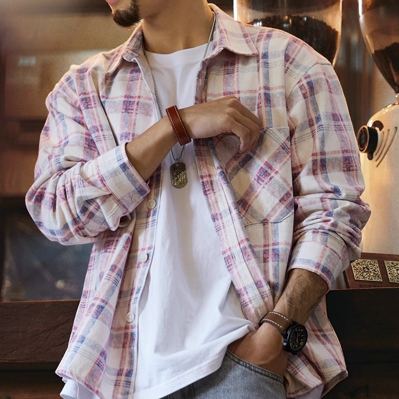 Lyocell Light Pink Men'S 2025 Autumn New Washed Plaid Shirt