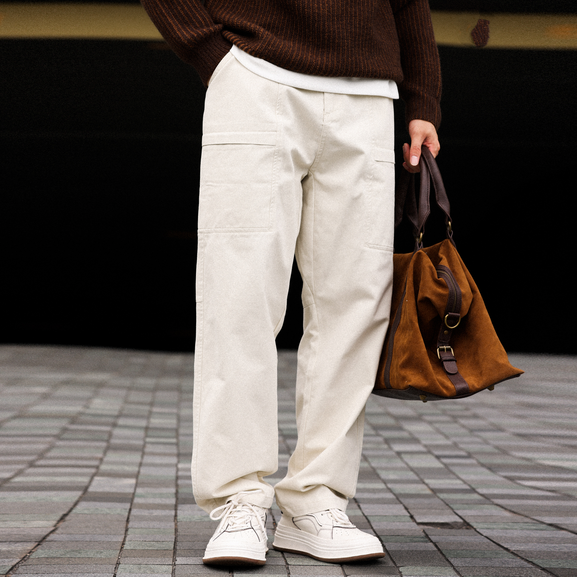 American Retro White Men'S Combed Cotton Elastic Waist Straight Leg Casual Pants