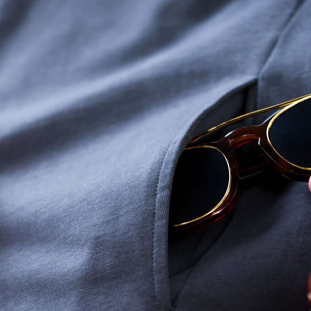 Henry collar long sleeved T-shirt loose casual 280g pure cotton side pocket dark gray base shirt